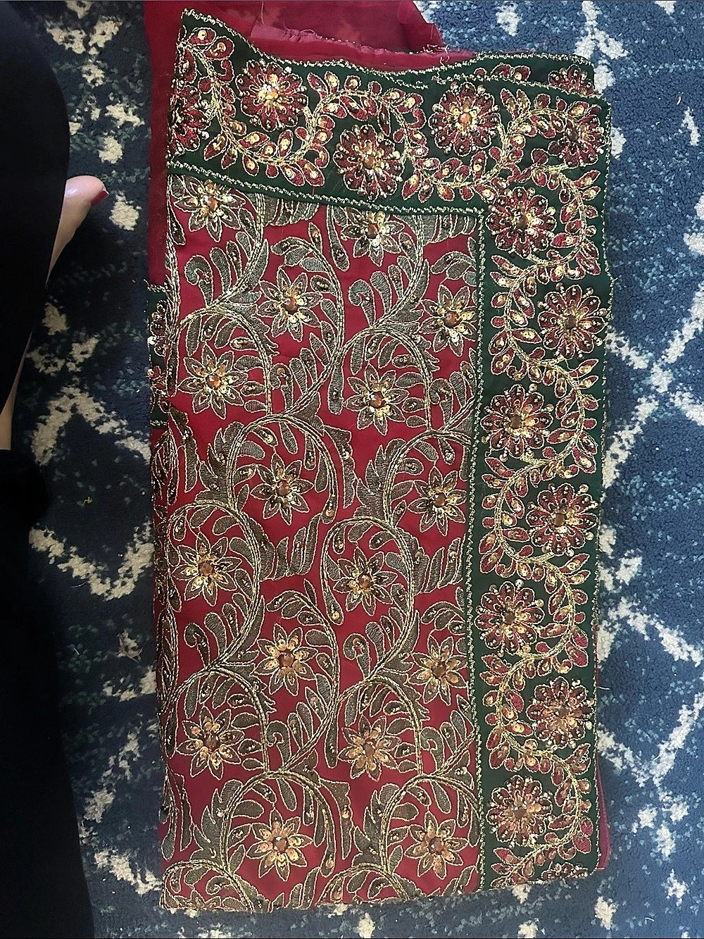 Embroidered Floral Blouse in Deep Red & Green Like New